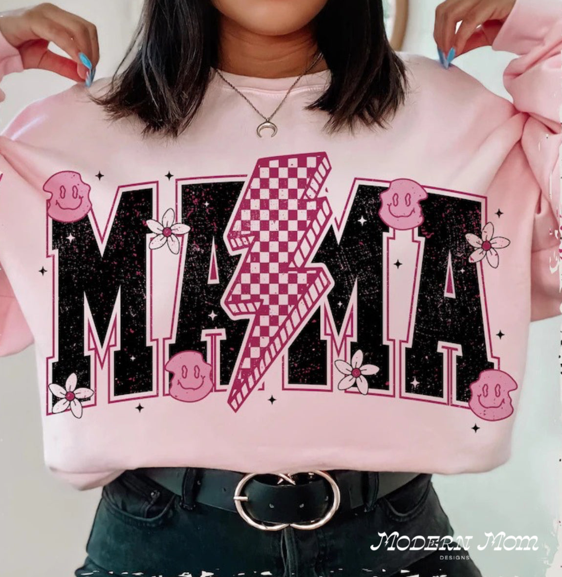 Mama pink bolt/smiley crewneck