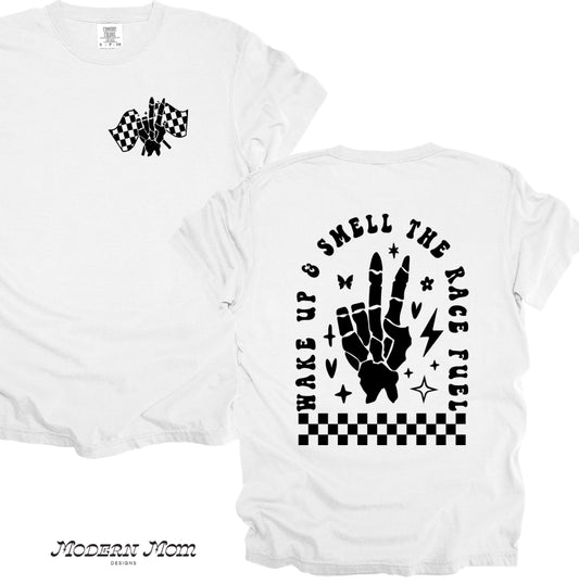 Wake up and smell the race fuel skelly peace (tee, crewneck or hoodie)