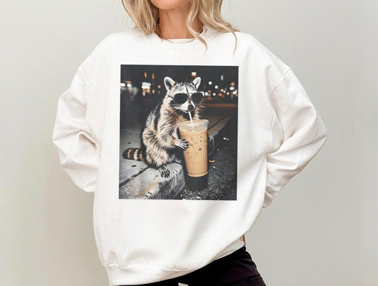 Caffeinated raccoon  (tee, crewneck, or hoodie)