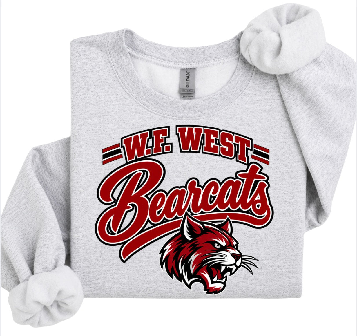W.F. west Bearcats grey crewneck or hoodie (front logo only)