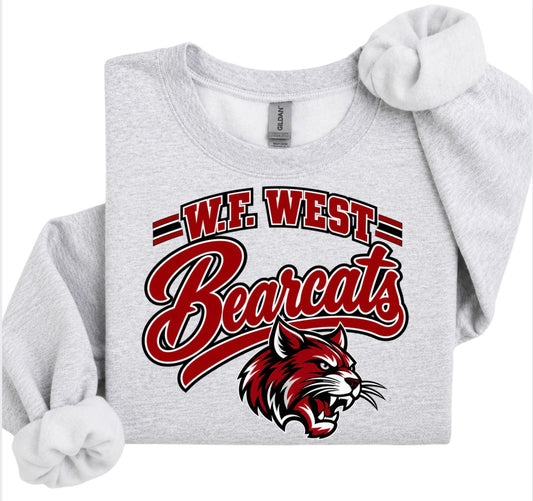 W.F. west Bearcats grey crewneck or hoodie (front logo only)