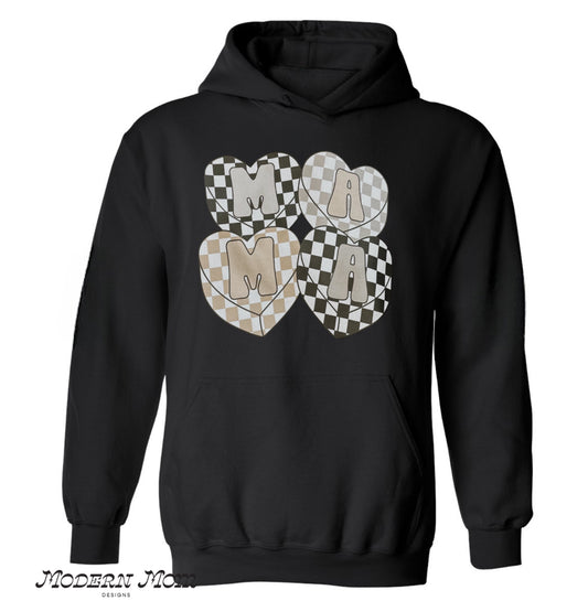 Mama neutral checkered hearts black hoodie