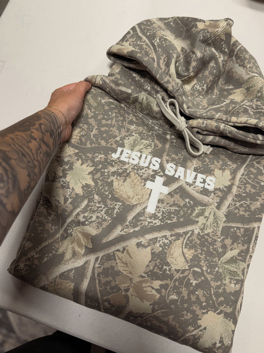 Jesus saves puff print deadwood camo hoodie