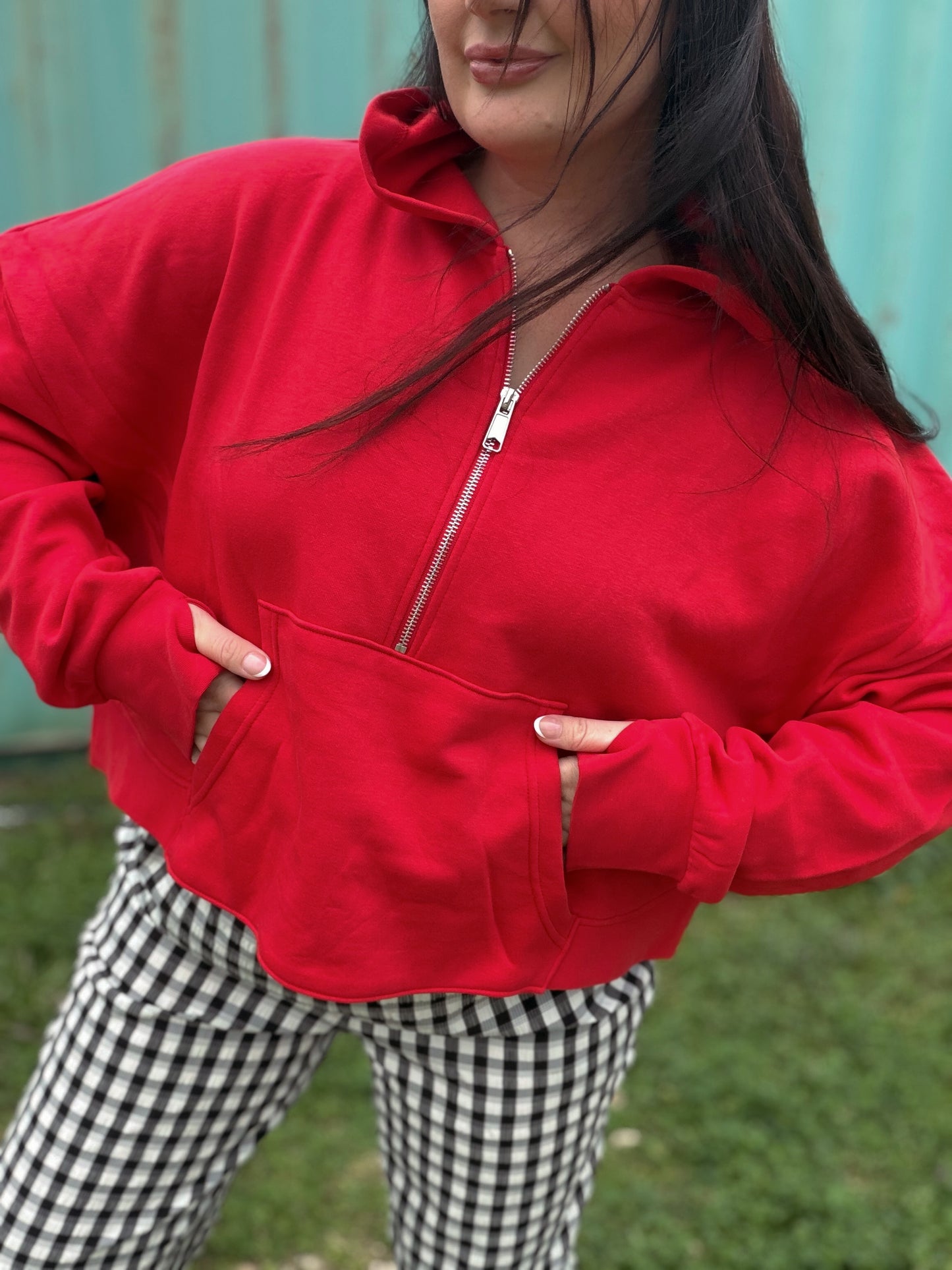 Half zip red hooded cropped sweatshirt with thumb holes