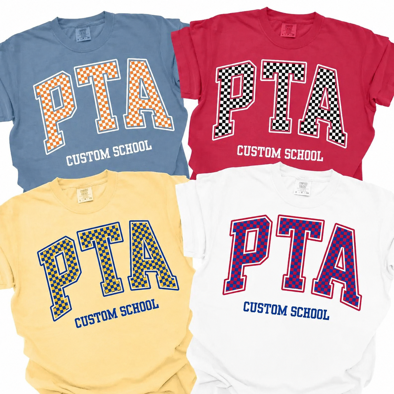 CUSTOM PTA (checkered) (multiple style options)-leave a note at checkout with colors & school name