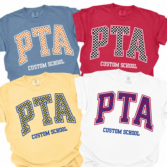 CUSTOM PTA (checkered) (multiple style options)-leave a note at checkout with colors & school name