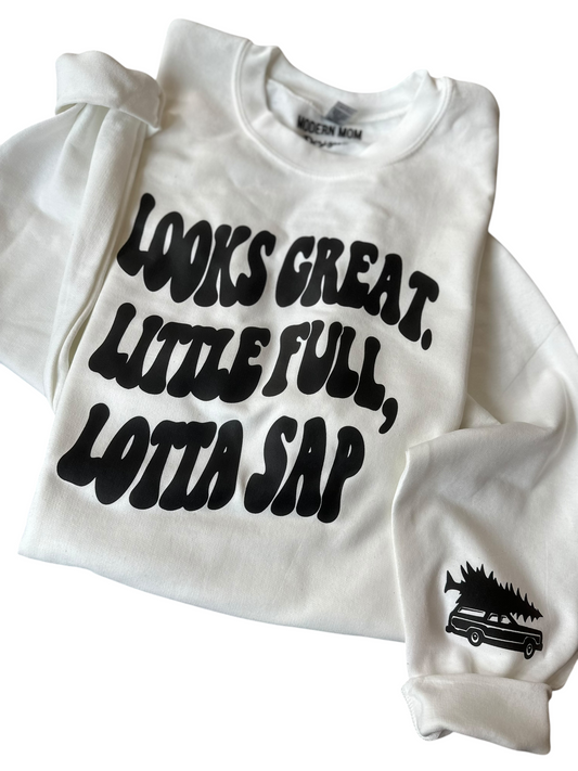 Looks great, little full, lotta sap crewneck (sleeve detail)