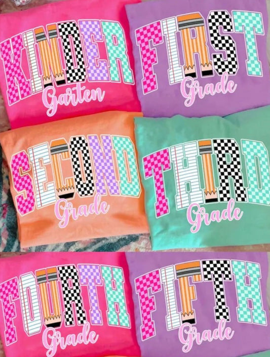 neon and checkered pink ( leave note for color of shirt & grade)